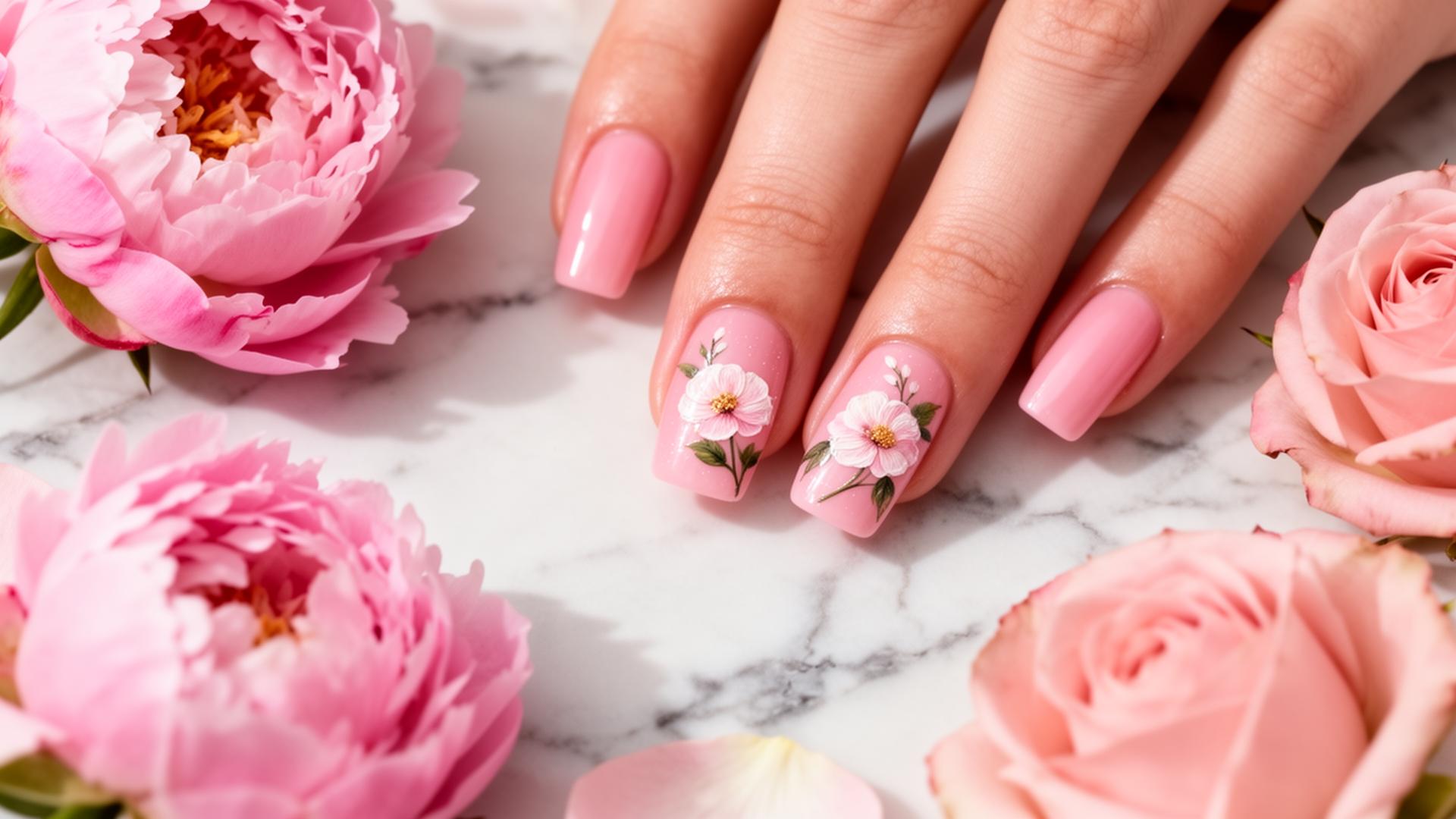 Luxury red gel manicure with pink peonies